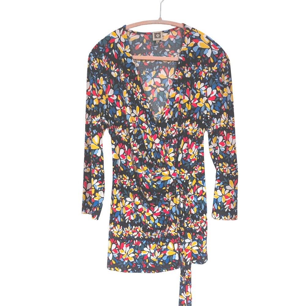 Anne Klein Floral Wrap Top Large Multi Color 3/4 Sleeve‎ V-Neck Faux Tie Blouse